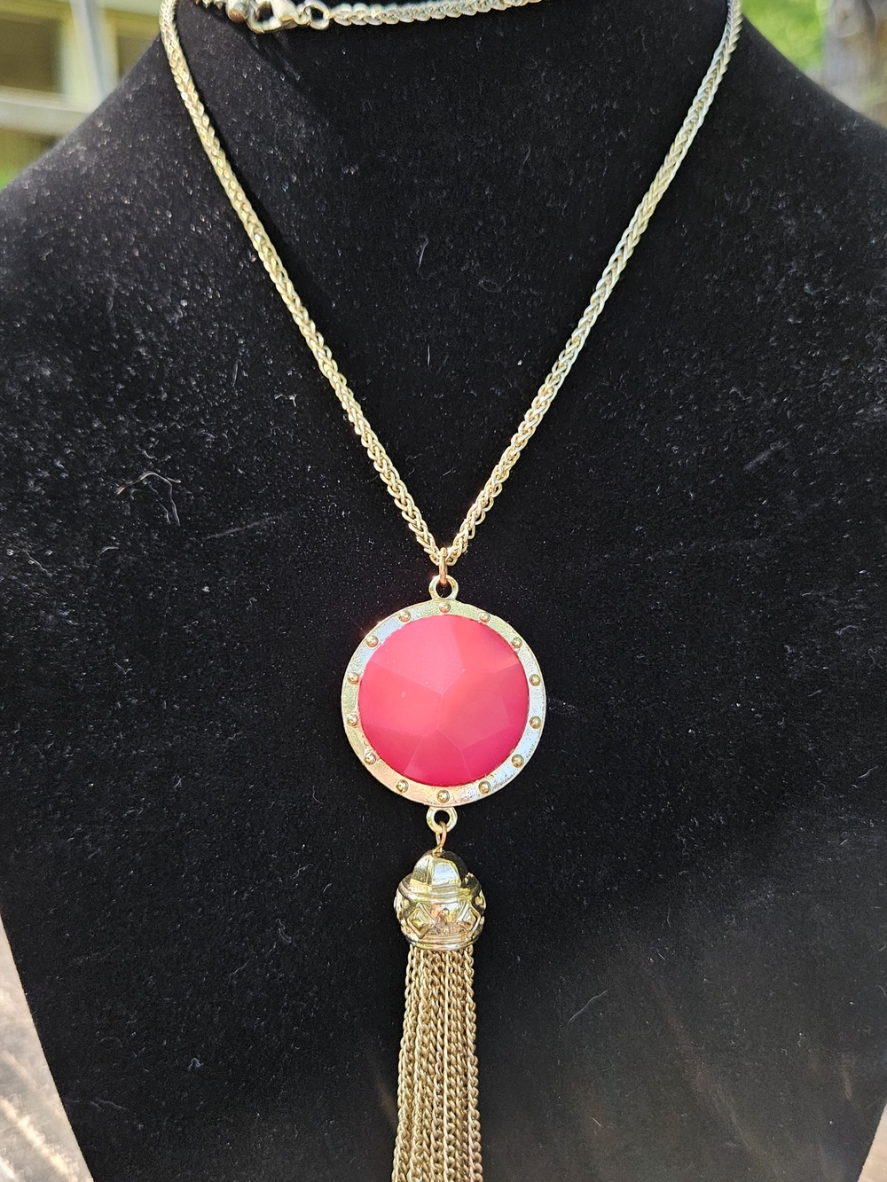 Vintage 28" Franco Link Chain Necklace with Hot Pink Gem Tassel Pendant-October